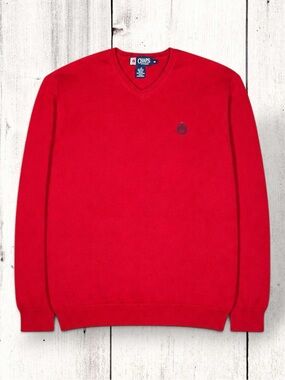 Vintage Chaps Sweater Red V-Neck Embroidered Crest 100% Cotton Classic Preppy M